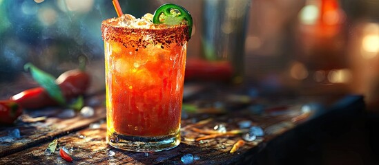 Spicy michelada cocktail garnished with jalapenos in a glass filled with ice set on a rustic dark wooden table with moody lighting and copy space.