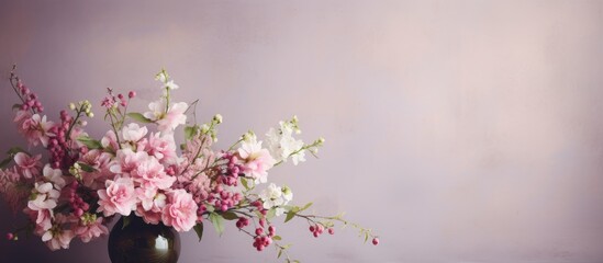 Elegant pink and white flower arrangement in a dark vase set against a soft pastel background with gentle lighting and delicate floral details