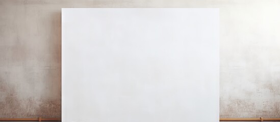 Blank white canvas centered in front of a textured beige wall with soft earth tones creating a minimalistic backdrop for artwork or text.