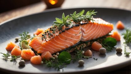 Sunlit photograph of an exquisite salmon plate decorated with herbs, demonstrating the technique of plating in a refined setting