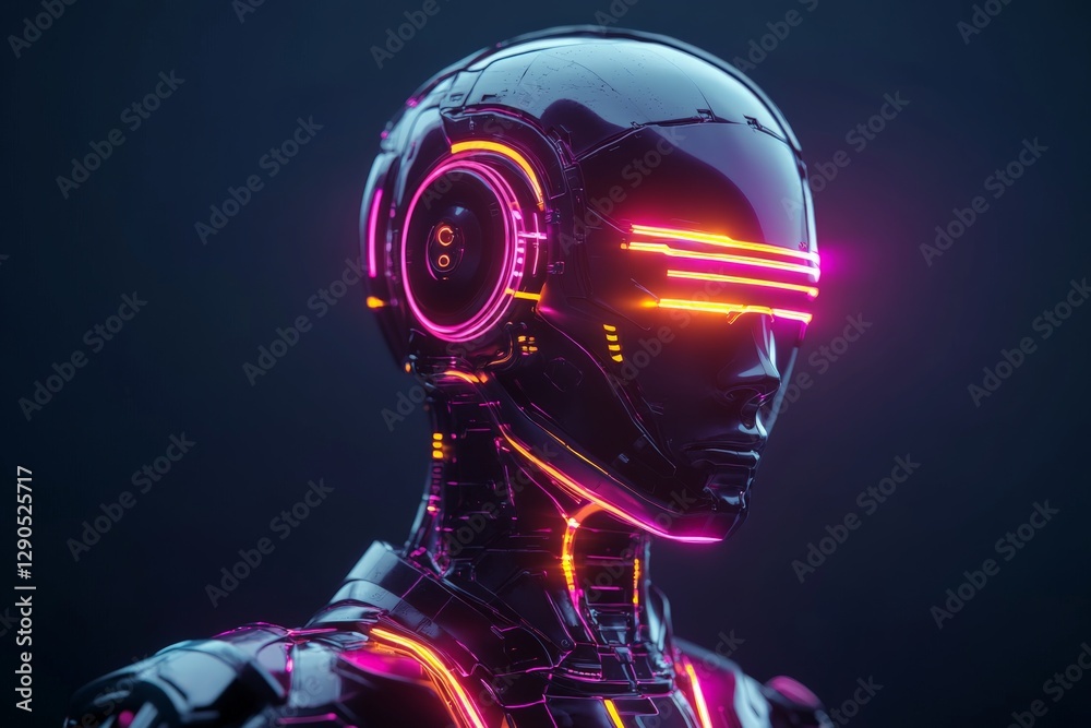 Fototapete futuristic robot with glowing neon features stands against a dark background in a modern art display
