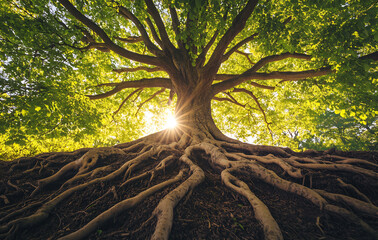 Image of a tree with strong roots, symbolizing a holistic health approach, incorporating stress management techniques, bolstered by health literacy education. 