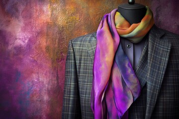 Vibrant multicolored scarf on mannequin with plaid jacket against textured backdrop