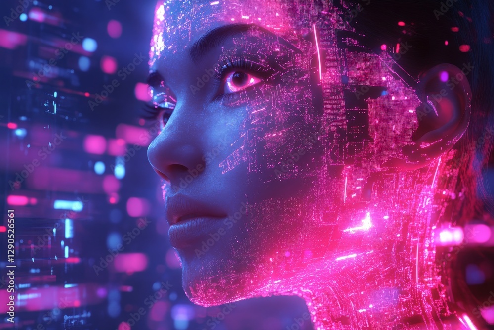 Poster futuristic digital portrait of a woman with vibrant glowing patterns and technology elements at nigh