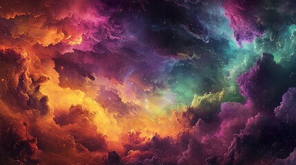 Vivid, colorful nebula; cosmic cloudscape with vibrant hues of orange, purple, green, and red.