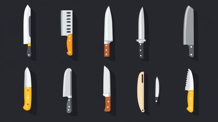Set of various kitchen knives on dark background