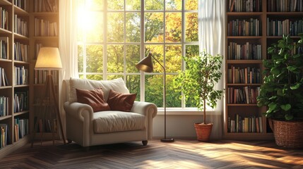 Fototapeta premium Cozy Living Room With Natural Light, a Comfortable Armchair, a Lamp, and a View of a Lush Garden During Autumn