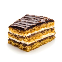 A slice of layered cake with chocolate frosting on top