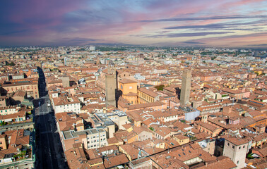 The Garisenda Tower and the Asinelli Tower in an aerial view of beautiful Bologna
