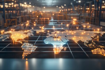 Digital global network map in warehouse setting with futuristic connections
