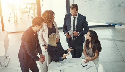 Lawyers, feedback or business people on tablet in discussion for planning, paperwork or project...