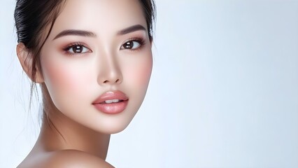Naklejka premium A close-up portrait of a woman with a smooth complexion, natural makeup, and a soft expression against a light background. Concept Close-Up Portrait, Smooth Complexion, Natural Makeup