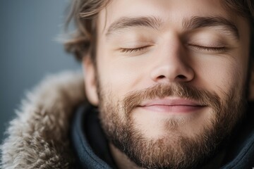 Obraz premium Bearded man with eyes closed wearing warm winter coat with fur collar. Peaceful moment of relaxation