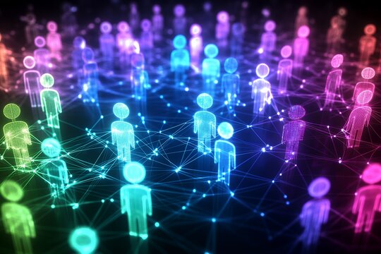 Abstract network of connected holographic figures in vibrant colors