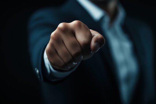 Pointing hand gesture of a businessman in a dark suit on a dramatic black background. Authority and leadership concept.