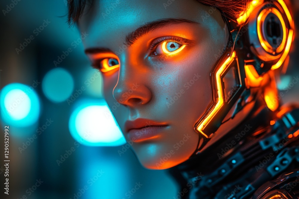 Poster cyborg character with glowing eyes and futuristic elements in a high-tech environment at night