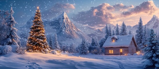 Winter landscape featuring a snow-covered spruce tree, cozy cabin with warm light, and majestic mountains under a sunny sky, creating a serene atmosphere.