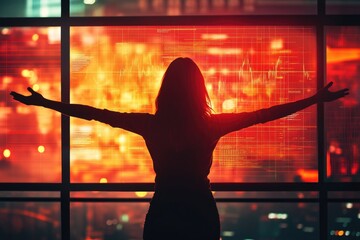 Silhouetted woman stands before a large screen displaying dynamic data streams, embracing the digital landscape.