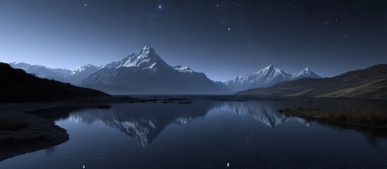 Serene night landscape featuring snow-capped mountains reflecting on calm water with twinkling stars in a deep blue sky framing the scene.