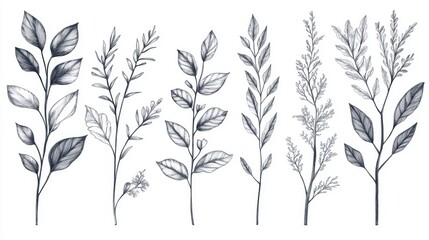 Fototapeta premium Detailed monochrome botanical illustration of various leafy plants