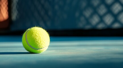 Tennis ball is sitting on a blue court. The ball is yellow and has a white stripe