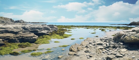 Sunny coastal landscape featuring exposed stone shores and tidal pools, with vibrant green seaweed against a blue sky and calm ocean backdrop.