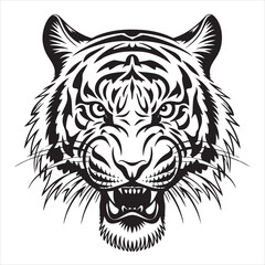 Fierce Black and White Tiger Head Vector Illustration - Safari Animals Clipart Silhouette