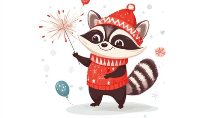 Naklejka premium Cute raccoon in festive sweater holding sparkler with balloons