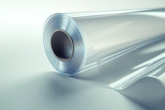 Clear plastic film roll with reflective surface on smooth background