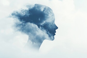 A woman's face is superimposed on a cloudy sky, symbolizing dreams, thoughts, and imagination.