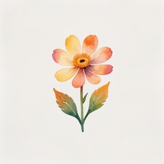 Obraz premium Watercolor Painting of a Delicate Yellow Orange Flower with Green Leaves on Off White Background