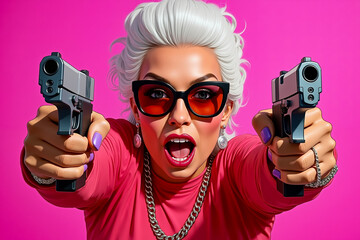 A woman in a pink shirt holding two pistols in her hands