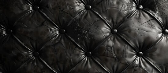 Fototapeta premium Textured black leather background with a glossy finish and tufted design featuring prominent circular buttons in a horizontal arrangement.