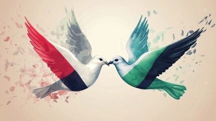 Naklejka premium Colorful doves mid-flight with vibrant red and green wings symbolizing unity