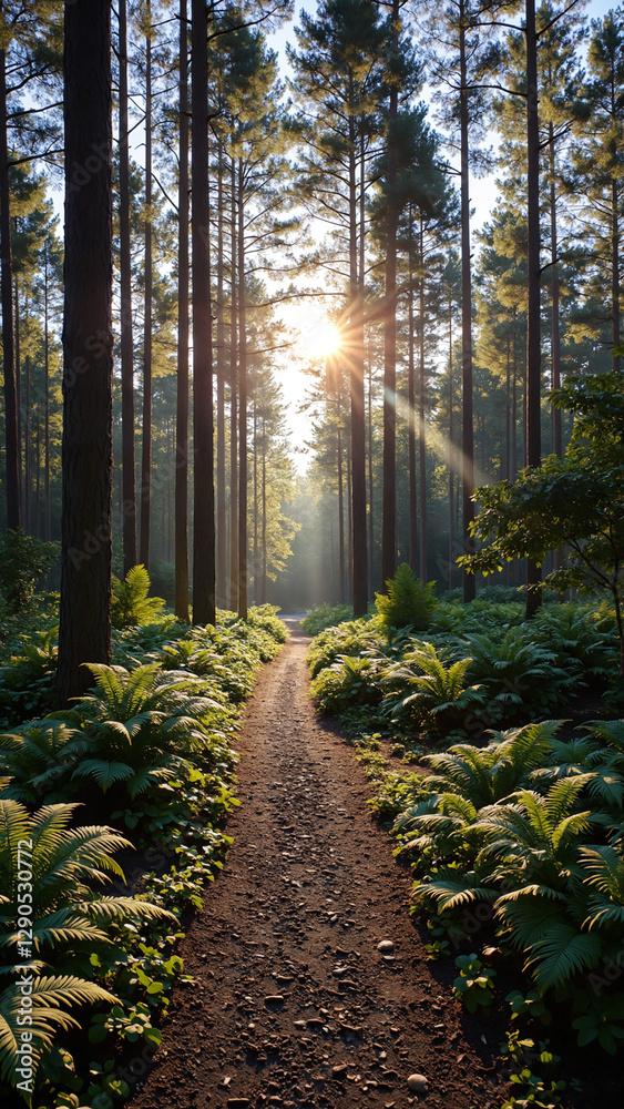 Poster sunlit forest path with green ferns and treescape in morning light
