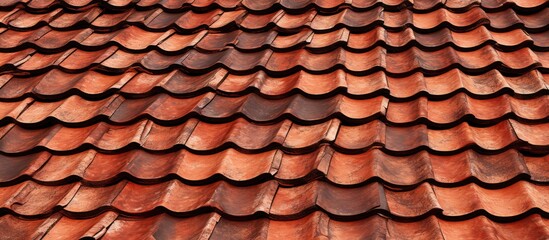 Weathered red clay roof tiles arranged in a close-up pattern showcasing earthy tones and textures with warm hues dominating the entire surface.