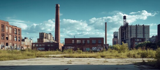 Abandoned industrial landscape featuring crumbling brick buildings and tall smokestacks under a clear blue sky with scattered clouds and overgrown grass.