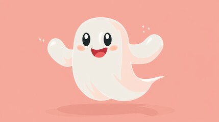 Cute animated smiling ghost with sparkles on pink background