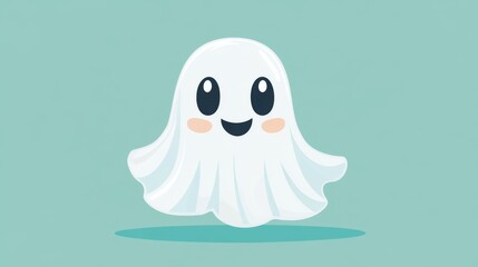 Obraz premium Cute cartoon ghost with smiling face on light teal background