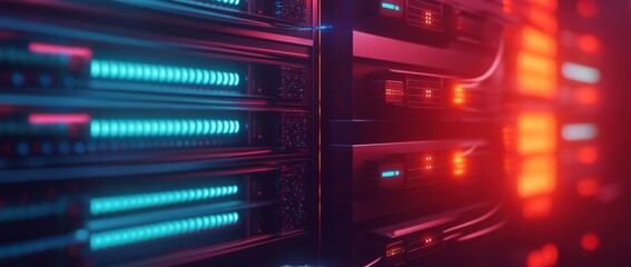 Close-up view of fiber optic cables and network interfaces illuminated by blue and red lights in a modern data center