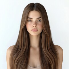 Fototapeta premium Brunette model with sleek long hair, smooth skin, clear features, neutral expression, isolated on white background, showcasing natural beauty.