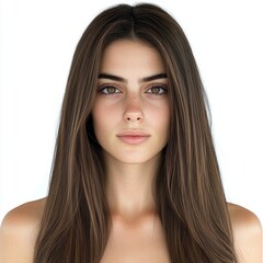 Fototapeta premium Brunette model showcasing sleek long hair, smooth skin, clear features, neutral expression, isolated on white background for pure beauty focus