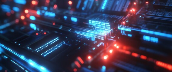 Obraz premium Close-up view of fiber optic cables and network interfaces illuminated by blue and red lights in a modern data center