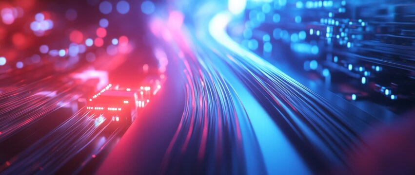 Close-up view of fiber optic cables and network interfaces illuminated by blue and red lights in a modern data center