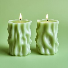 Two green textured candles burning on a lime green background