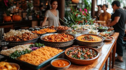 Tropical buffet lunch with diverse dishes,  people enjoying food