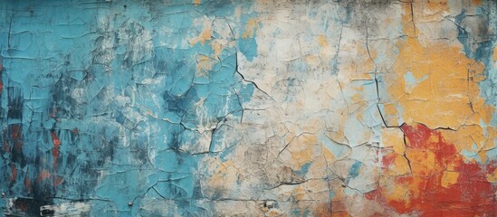 Obraz premium Textured abstract background featuring shades of turquoise, orange, and cream with visible cracks, offering a weathered artistic look.