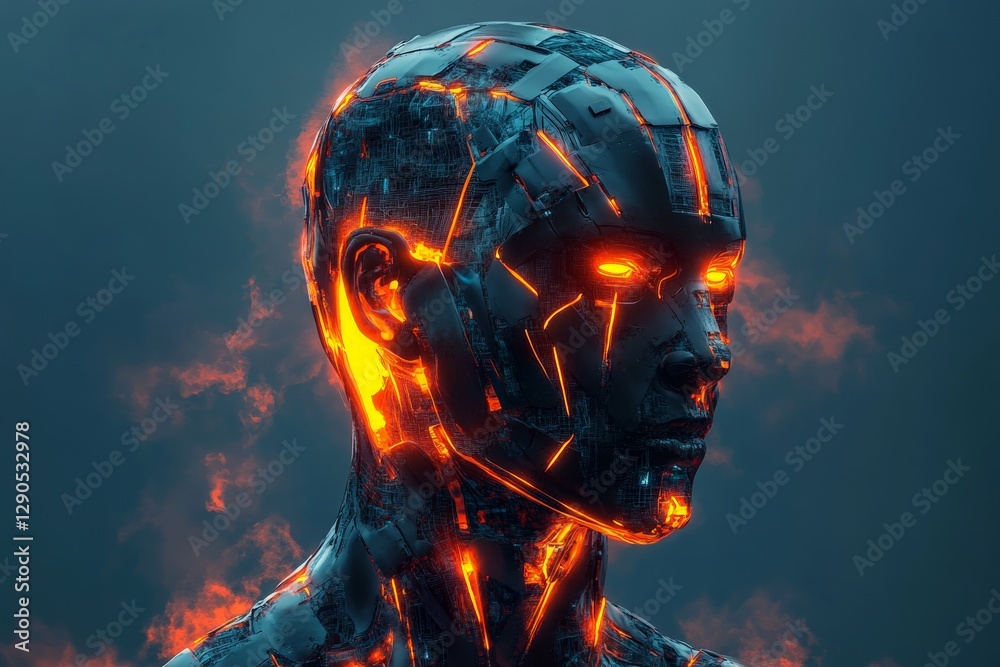 Poster futuristic robot head with glowing orange lines set against a dark smoky background