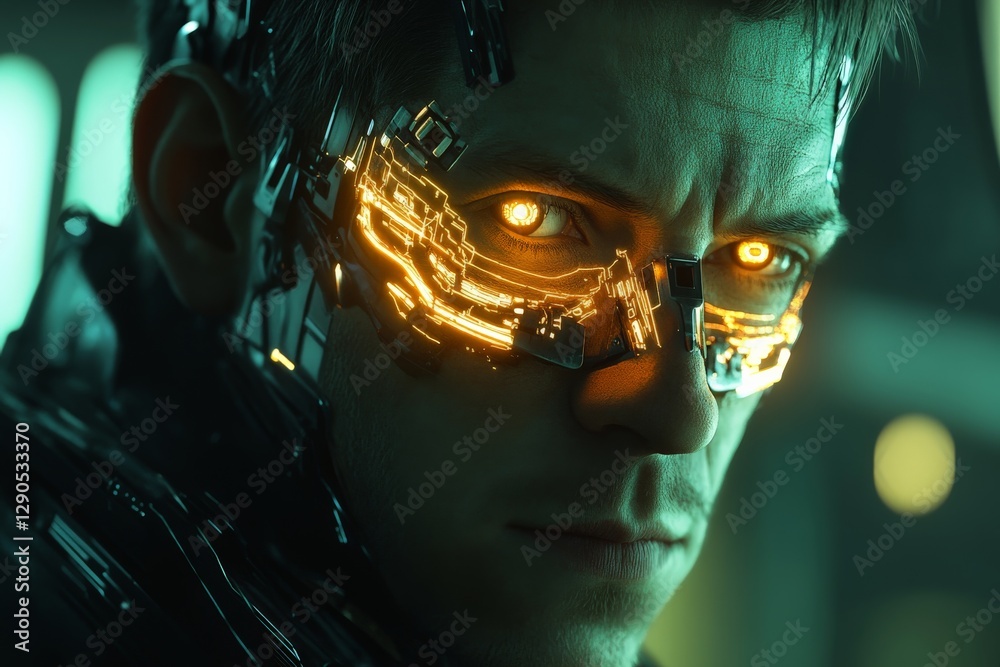 Leinwandbilder futuristic character with illuminated cybernetic enhancements in a high-tech environment