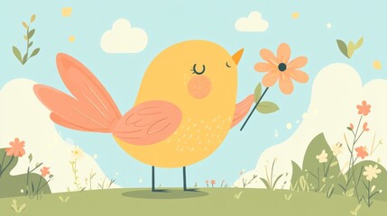 Cute yellow cartoon bird with flower in whimsical garden setting